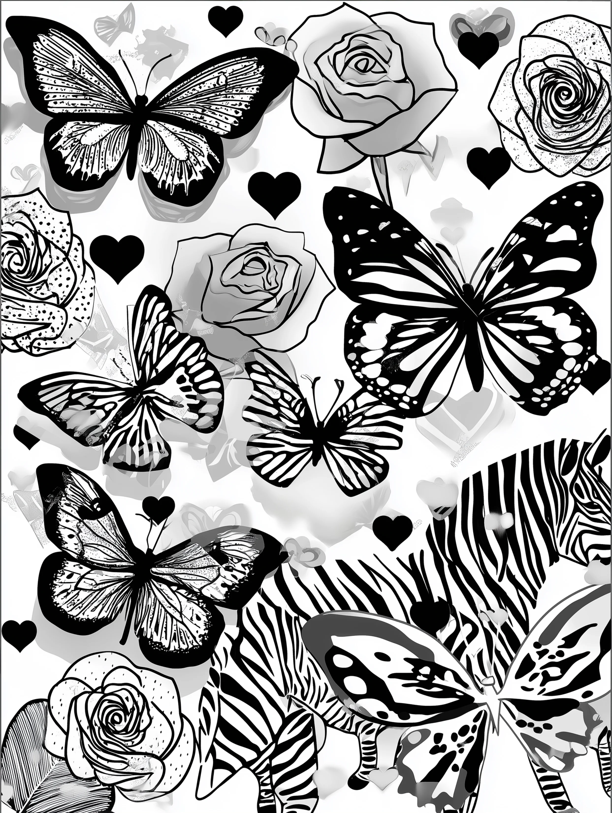 Free printable coloring page for adults featuring butterflies and a zebra illustration